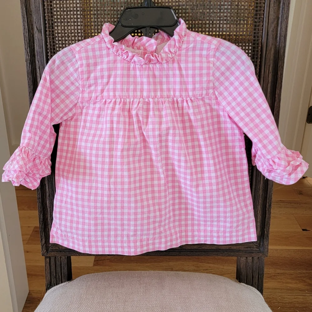 Janie and Jack Pink Gingham Ruffle Neck Long Sleeve Blouse